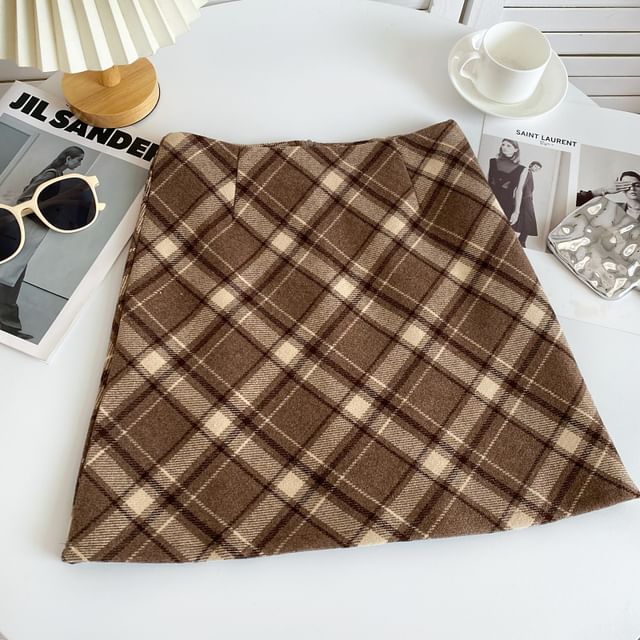 High Waist Plaid Mini A-Line Skirt