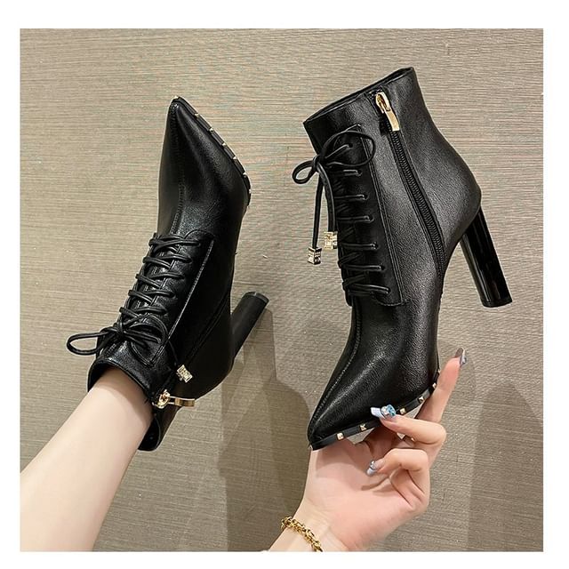 Pointed Heel Ankle High Boots Lace-Up