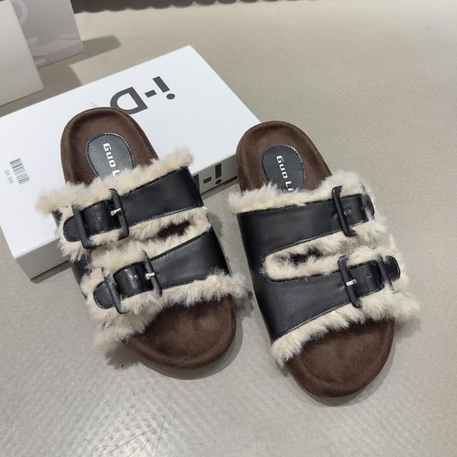 Buckled Fleece-Lined Platform Slide Sandals