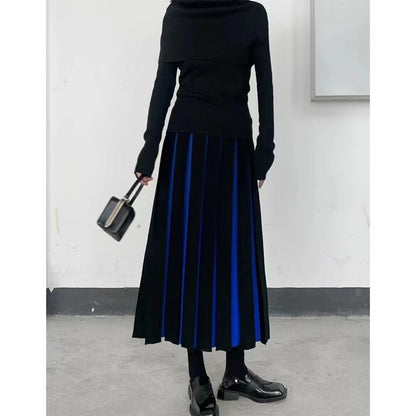 High Rise Two Tone Pleated Knit Midi A-Line Skirt