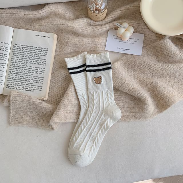 Bear Embroidered Striped Socks