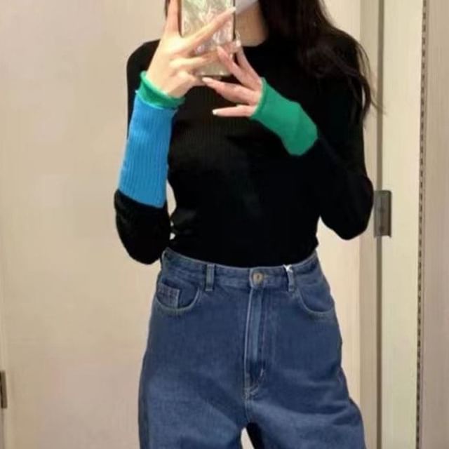 Crew Long-Sleeve Two Knit Top Tone Neck