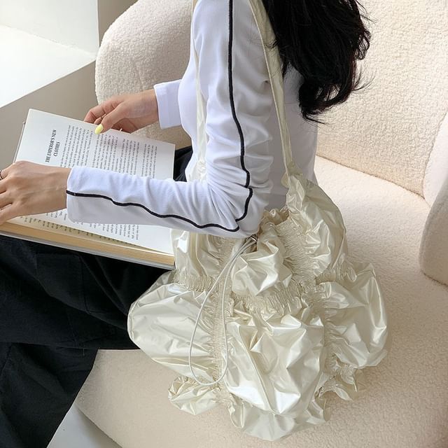 Plain Ruffled Drawstring Tote Bag