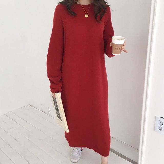 Long-Sleeve Crew Neck Plain Midi Shift Sweater Dress