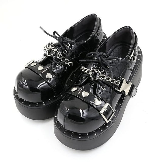 Platform Studded Chain Buckled Lace Up Shoes