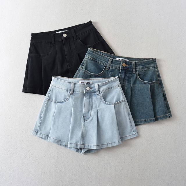 Mid Waist Washed Denim Mini Skorts
