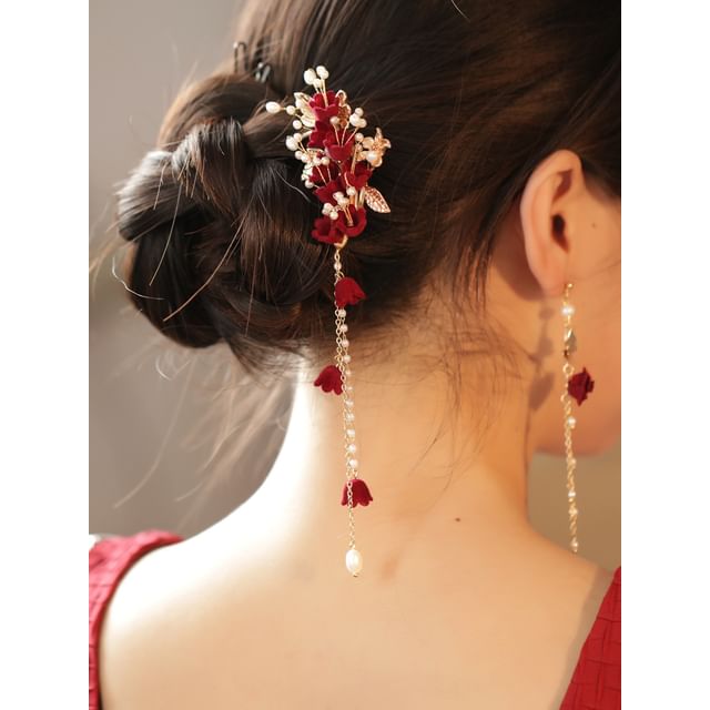 Flocking Flower Faux Pearl Alloy Hair Stick / Asymmetrical Dangle Earring