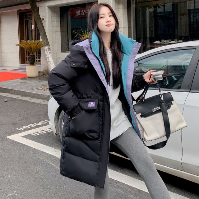 Hooded Color Block Long Puffer Coat