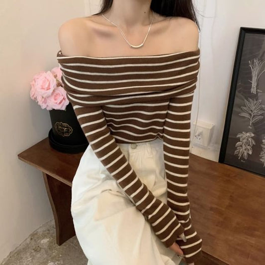 Long-Sleeve Striped Top Knit Slim-Fit