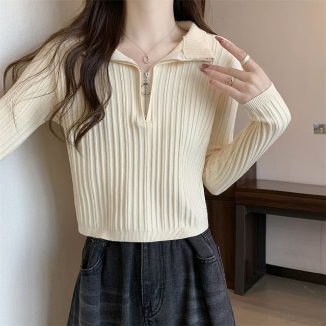 Long-Sleeve Plain Slim-Fit Half Knit Top Zip Mock-Neck