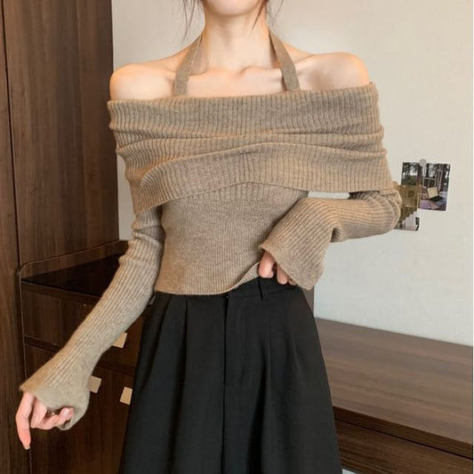 Off-Shoulder Long-Sleeve Halter Sweater