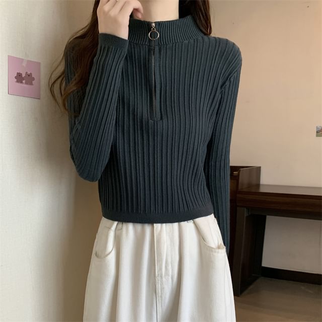 Long-Sleeve Plain Slim-Fit Half Knit Top Zip Mock-Neck