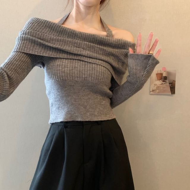 Off-Shoulder Long-Sleeve Halter Sweater