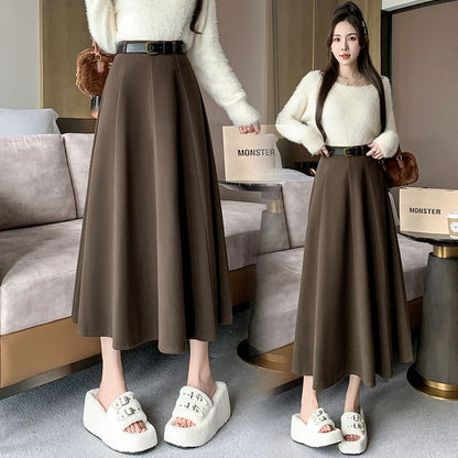 High-Waist Plain Woolen A-Line Skirt