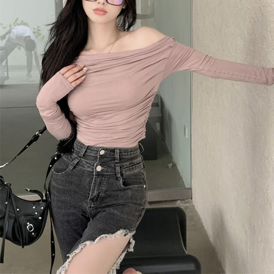 Plain Off Shoulder Pleated Knit Top