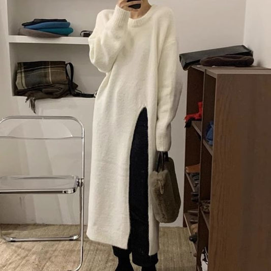 Long-Sleeve Crew Neck Plain Slit Midi Sweater Dress