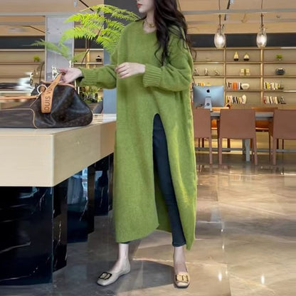 Long-Sleeve Crew Neck Plain Slit Midi Sweater Dress