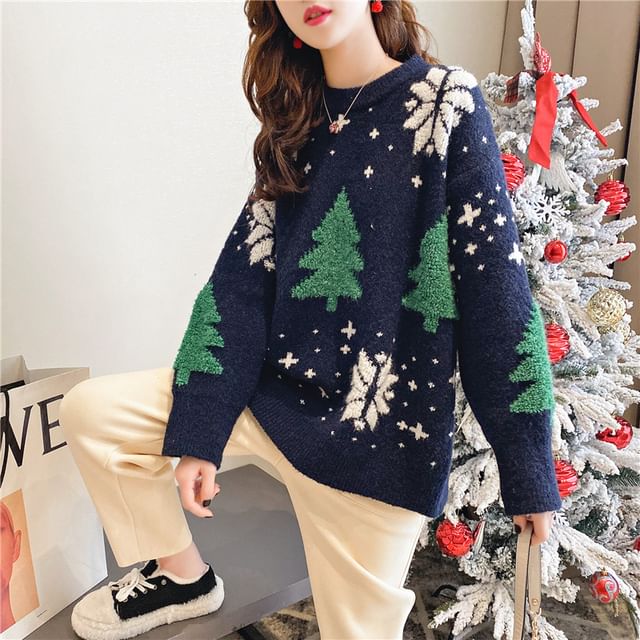 Christmas Neck Jacquard Sweater Crew Tree