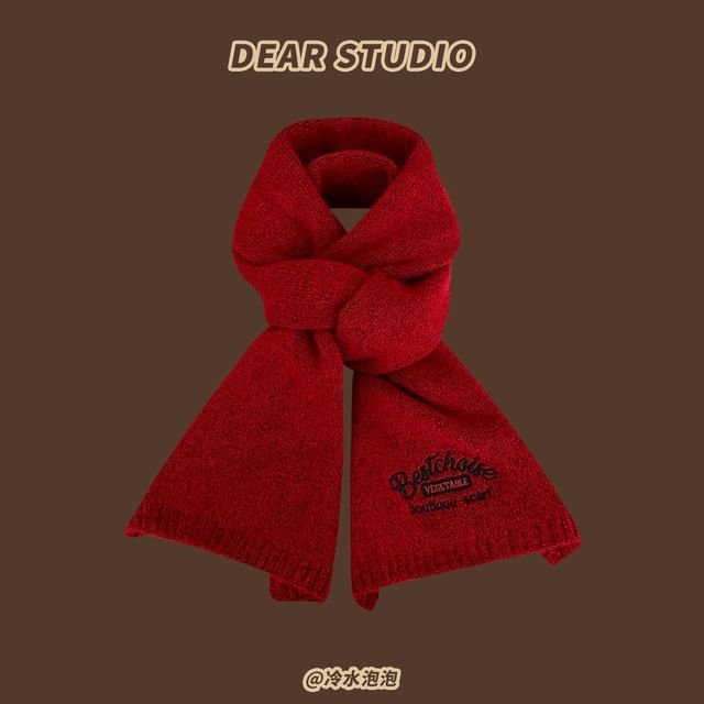 Lettering Embroidered Knit Scarf