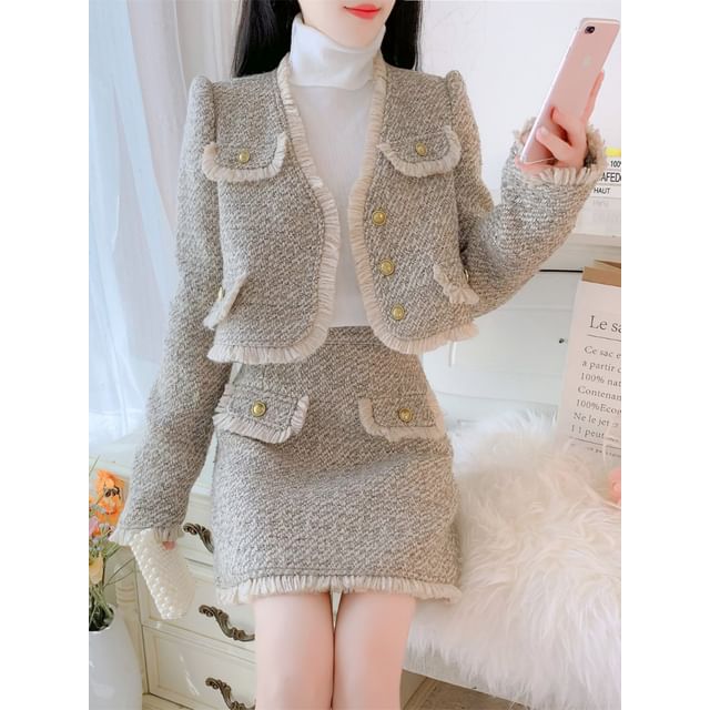 Set: V-Neck Tweed Frayed Button-Up Crop Jacket + High Waist Mini Pencil Skirt