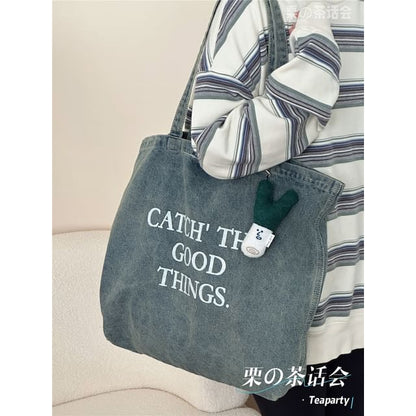 Washed Lettering Denim Tote Bag / Charm / Set