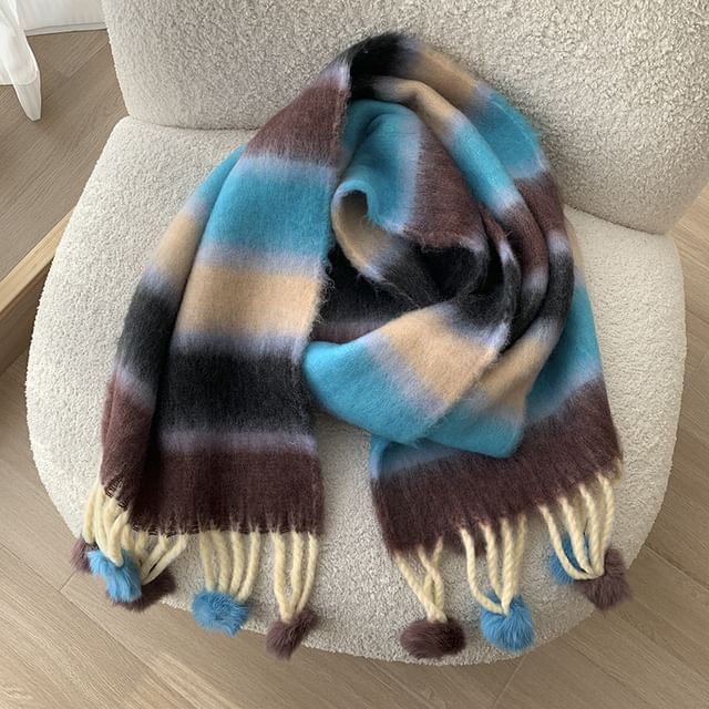 Striped Pom Pom Fringed Scarf