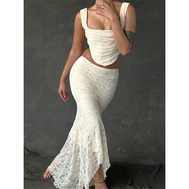 Maxi Waist Neck Lace Square Crop Top Tank Skirt Mermaid / Plain High