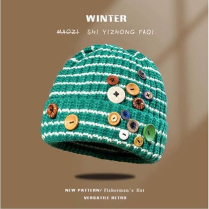 Button Striped Beanie