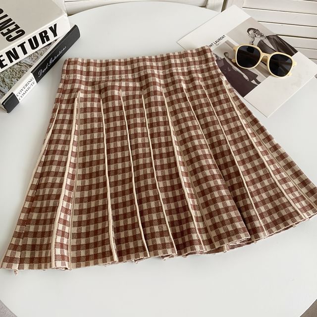 High Waist Plaid Pleated Mini A-Line Knit Skirt