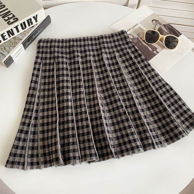 High Waist Plaid Pleated Mini A-Line Knit Skirt