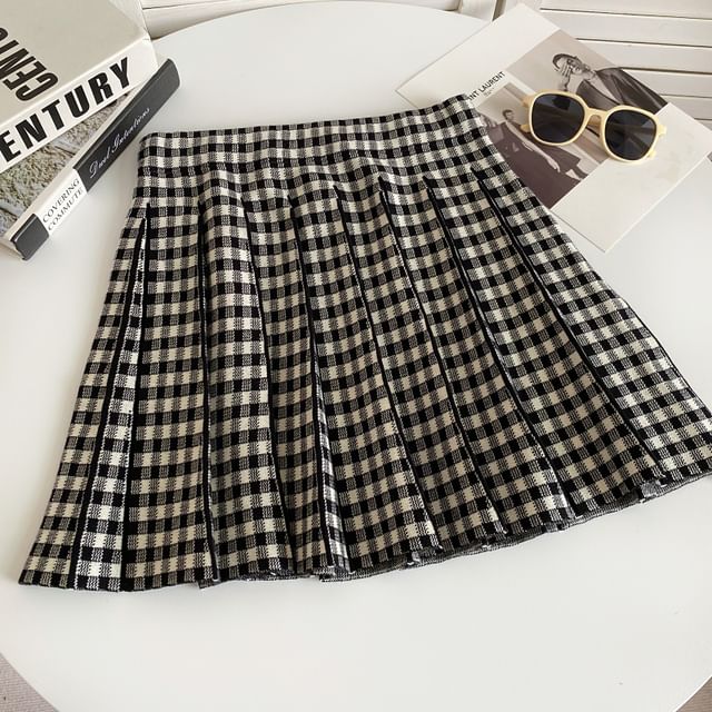 High Waist Plaid Pleated Mini A-Line Knit Skirt