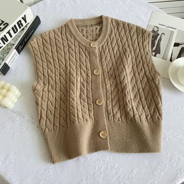 Crew Neck Plain Cable Knit Button Sweater Vest