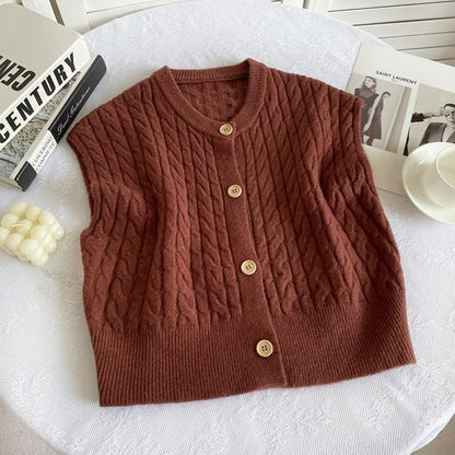 Crew Neck Plain Cable Knit Button Sweater Vest