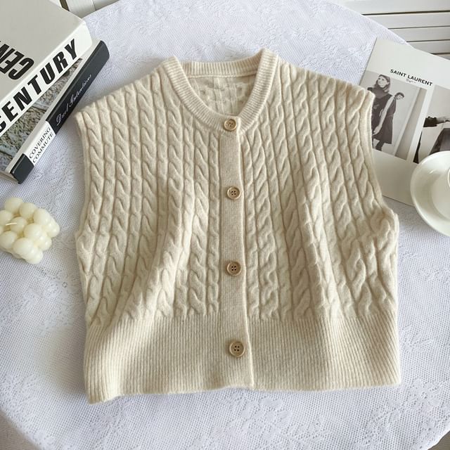 Crew Neck Plain Cable Knit Button Sweater Vest