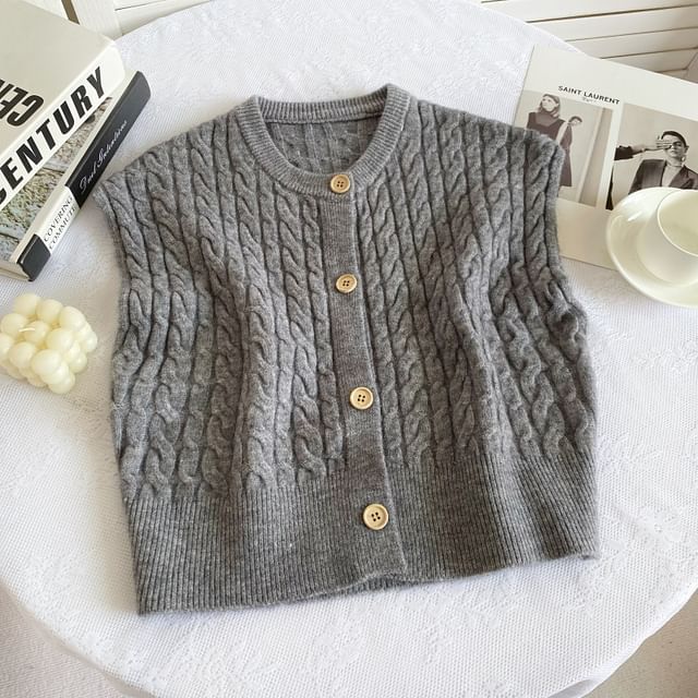 Crew Neck Plain Cable Knit Button Sweater Vest