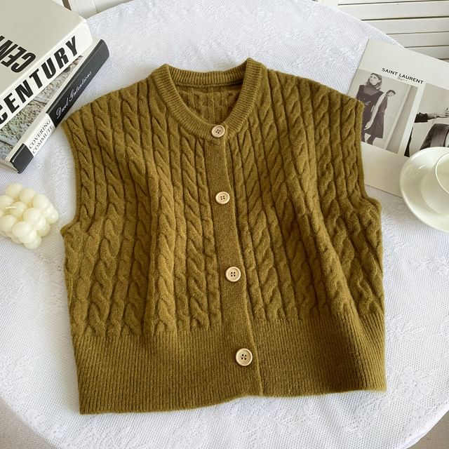 Crew Neck Plain Cable Knit Button Sweater Vest