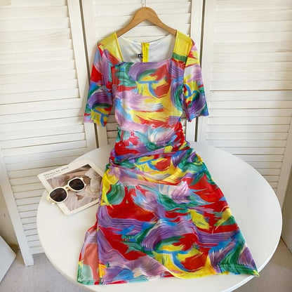 Short-Sleeve Square Neck Tie Dye Ruched Slit Midi Sheath Dress