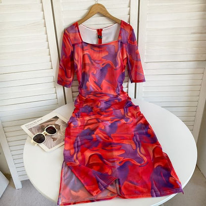 Short-Sleeve Square Neck Tie Dye Ruched Slit Midi Sheath Dress