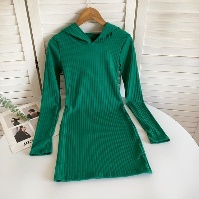 Long-Sleeve Plain Hooded Knit Sheath Dress