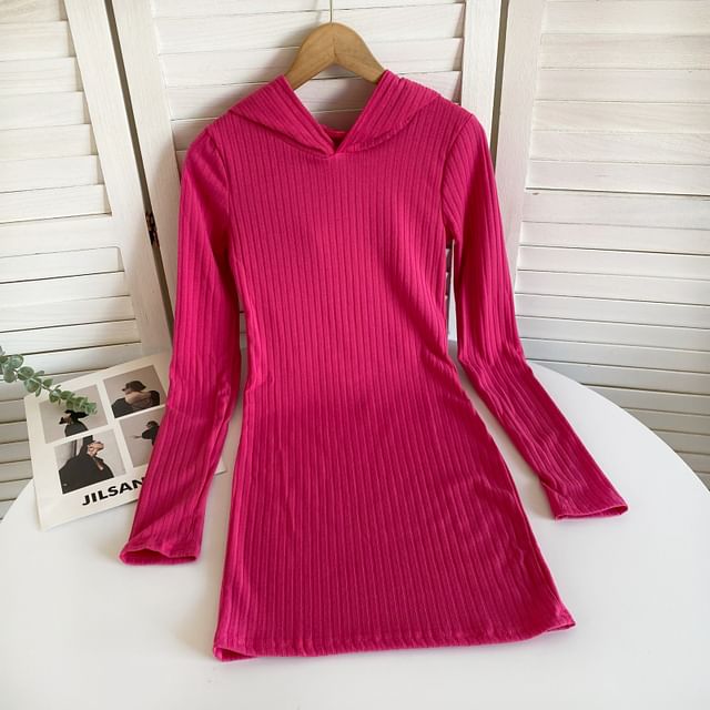 Long-Sleeve Plain Hooded Knit Sheath Dress