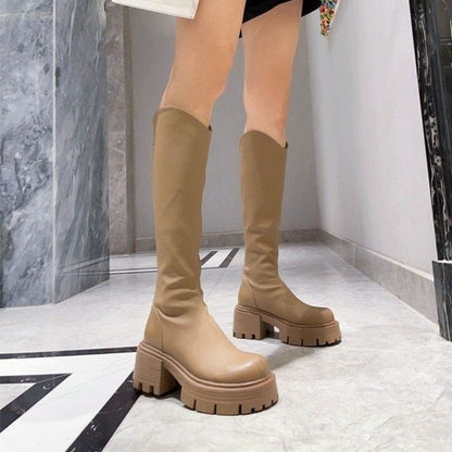 Faux Leather Platform Chunky Heel Tall Boots