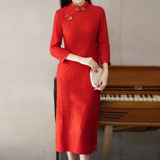 Long-Sleeve Band Collar Plain Midi Qipao