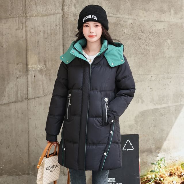 Hooded Two Tone Plain Puffer Coat