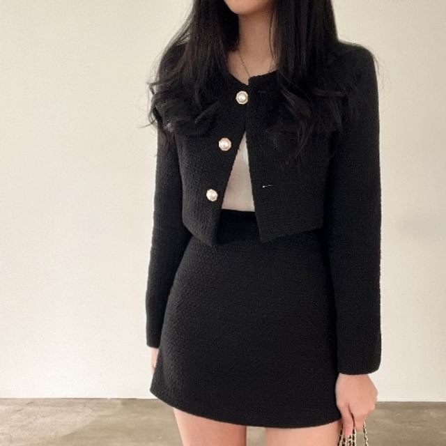 Tweed Faux Pearl Button-Up Jacket / High Waist Mini A-Line Skirt