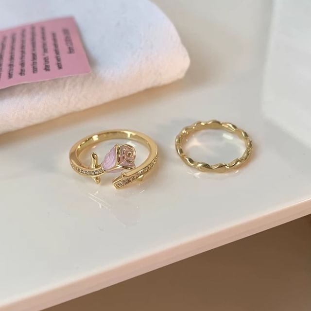 Rose Enamel Alloy Open Ring / Wavy Alloy Open Ring