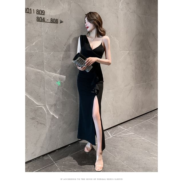 Spaghetti Strap V-Neck Plain Slit Maxi Sheath Dress