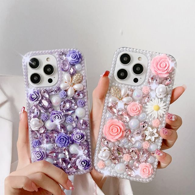 Floral Rhinestone Phone Case - iPhone X / XS / XR / XS Max / 11 / 11 Pro / 11 Pro Max / 12 / 12 Pro / 12 mini / 12 Pro Max / 13 / 13 Pro / 13 mini / 13 Pro Max / 14 / 14 Plus / 14 Pro / 14 Pro Max / 15 / 15 Plus / 15 Pro / 15 Pro Max