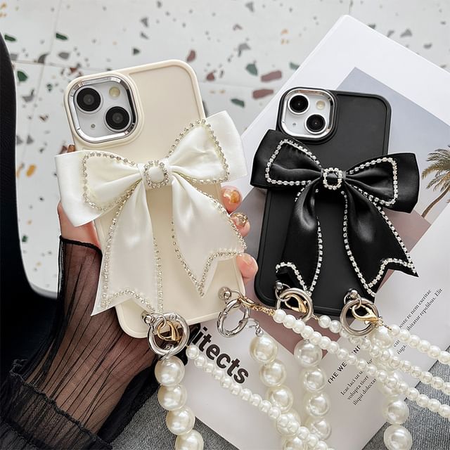 Faux Case Phone Lanyard Pearl Bow