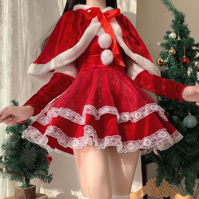 Pom Pom Ruffle Velvet Mini A-Line Tube Dress / Arm Sleeves / Tie Front Capelet / Christmas Party Costume Set