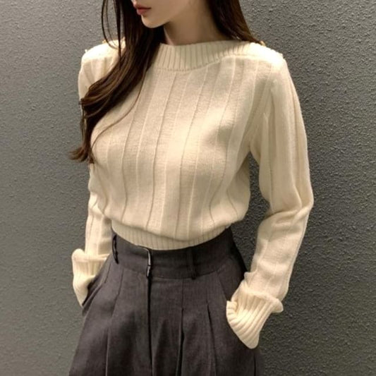 Long-Sleeve Crewneck Plain Knit Top